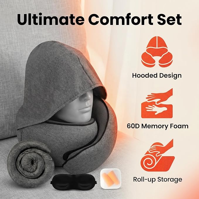 Travel Neck Pillow with Hood, Memory Foam, 360° Ergonomic Support, Cooling Ice Silk, Hooded Design, with Eye Mask, Earplugs, and Storage Pouch Airplane Travel Essentials, Dark Gray - Image 2