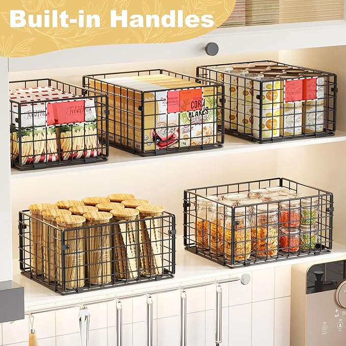 X-cosrack Metal Wire Basket Pantry Baskets Foldable Cabinet Organizers with Handles-6 Pack-12"x9"x6", Food Storage Freezer Organizer Bins for Kitchen Bathroom Laundry Closet Garage - Patent Design - Image 2