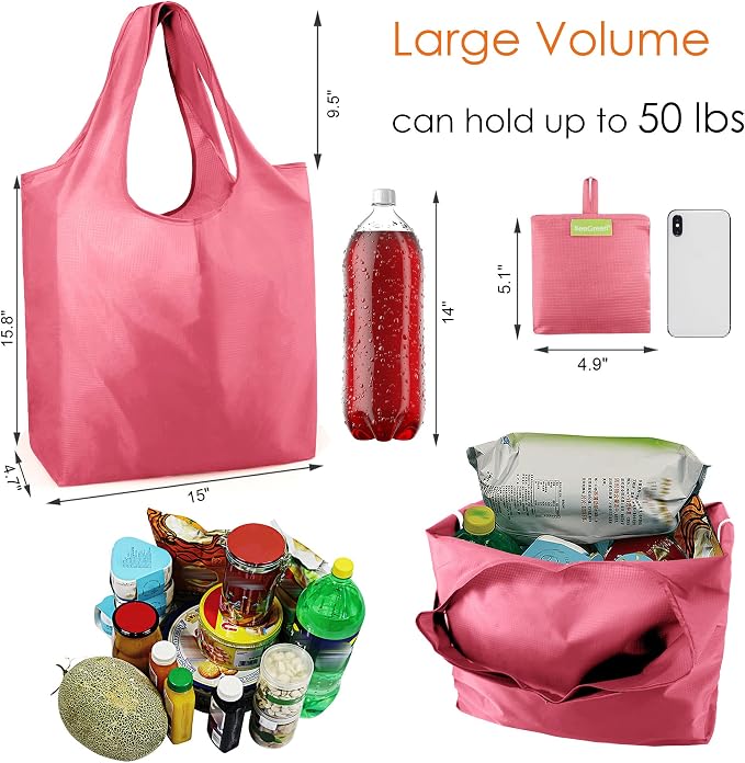 BeeGreen Pink Reusable Grocery Bags with Elastic Band Pink Reusable Shopping Bags Bulk 50LBS X-Large Foldable-Machine Washable-Heavy Duty 10 Pieces - Image 4