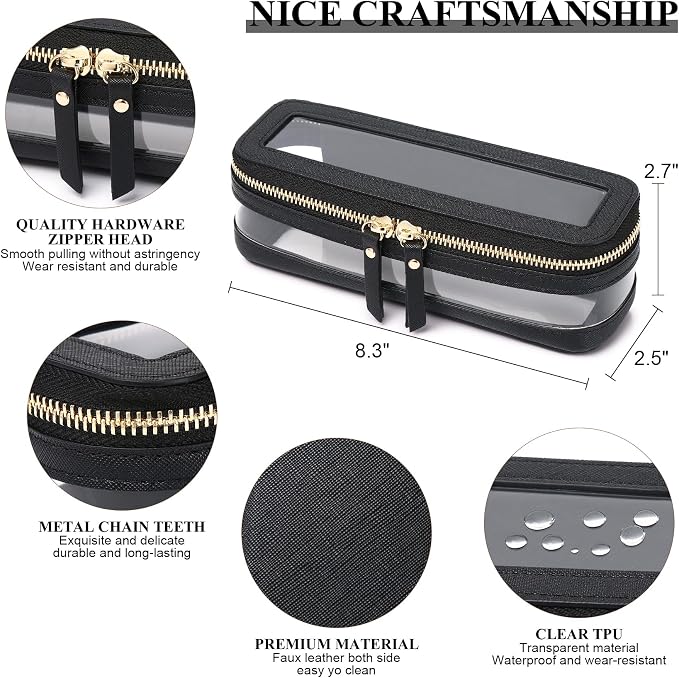 Pinkmik Makeup Brush Case, Black | Clear Travel Cosmetic & Toiletry Bag, With Zipper, Small Purse Organizer, Car Essential Bag for Women - Image 4