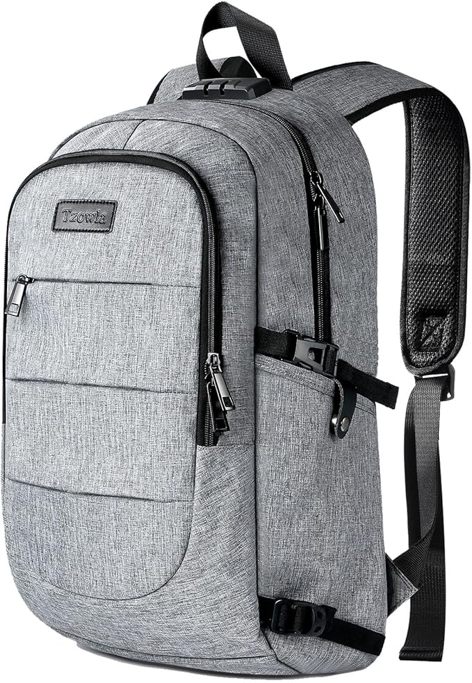 Tzowla Travel Laptop Backpack Water Resistant Anti-Theft Bag with Giant Tumbler Holder Pocket and Lock 15.6 Inch Computer Business Backpacks for Women Men Work College Gift,Casual Daypack(Grey) by Tzowla