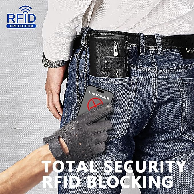 Anti-Theft Mens Wallet with Chain Genuine Leather ID Window Purse with RFID Blocking Bifold Double Zipper Coin Pocket with Gift Box - Image 2