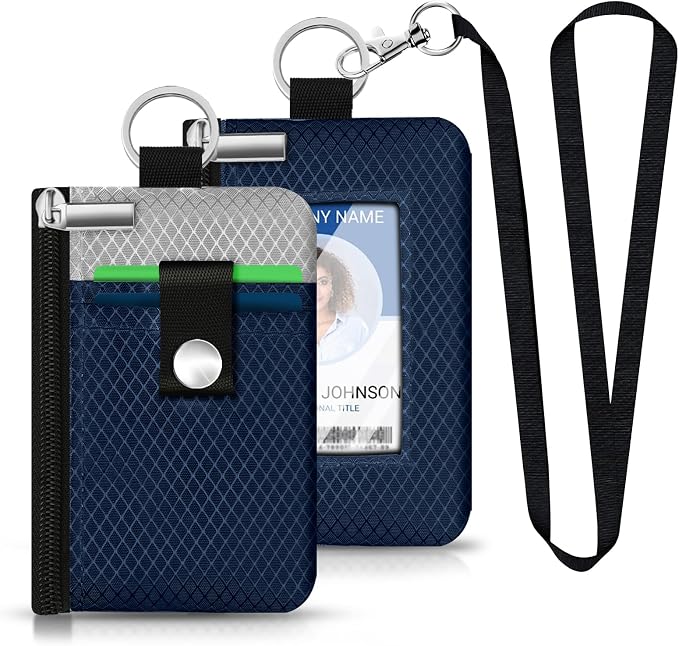 Minimalist RFID Blocking Small Wallet with ID Window,WaterResistant Zip Id Case Wallet with Lanyard Keychain for Cards,Cash,Travel,Women,Men (Dark Blue/Light Gray) - Image 6