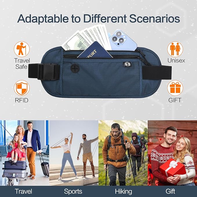 TRAVELSAFE Slim RFID Blocking Money Belt for Travel - Anti-Theft Hidden Passport Holder Waist Wallet with Secure Pouch for Cash, Credit Cards & Phone Safe (B - Navy Blue) - Image 4