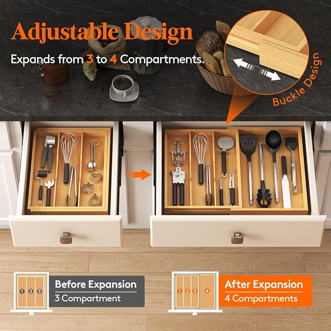Lifewit Bamboo Utensil Organizer for Kitchen Drawer, Cooking Utensil Tray | Expandable Cutlery Silverware Flatware Holder, Wood Adjustable Spatula Tools Storage Divider, 11.9-21.7 x 15.75", Natural - Image 4