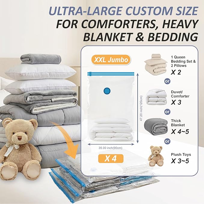 Cozy Essential Vacuum Storage Bags, 80% Compression Vacuum Seal Space Saver Plastic Packaging Bags for Clothes, Blankets, Pillow, Bedding, Comforters, Sealer Clothing Storage,4 XXL Jumbo - Image 3