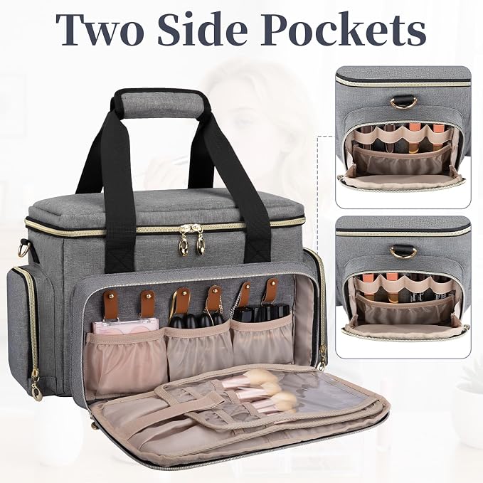 GDNasist Large Makeup Bag, Portable Travel Makeup Bag Organizer | Cosmetic Travel Bag for Women Girls with 2 Removable Pouches & Detachable Dividers, Toiletry Bag for Makeup and Hair Supplies - Image 9