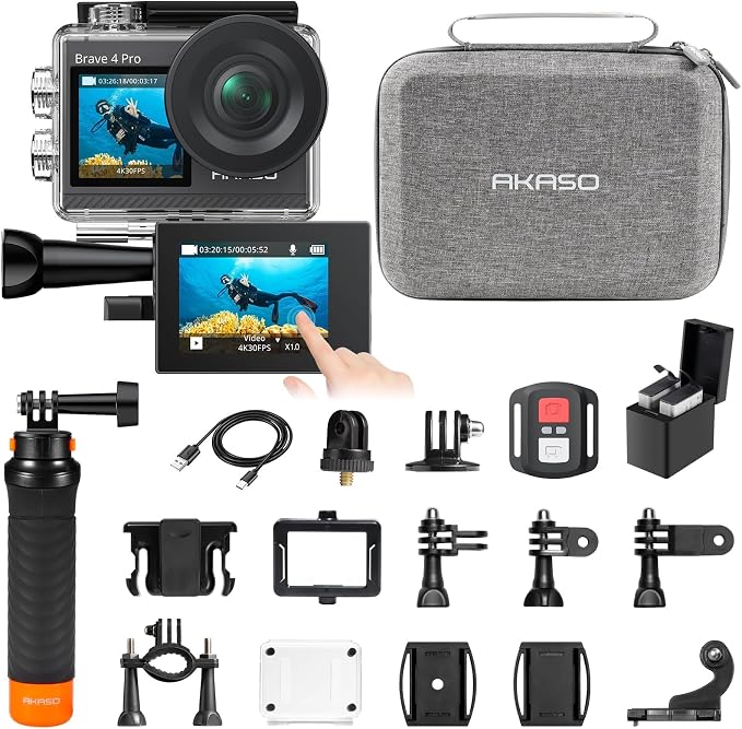 AKASO Brave 4 Pro Action Camera with Floating Hand Grip Carrying Bag Bundle | 131FT Underwater Waterproof Camera 20MP EIS Touch Screen WiFi 5X Zoom with 2x1350mAh Batteries and Helmet Accessories Kit by AKASO