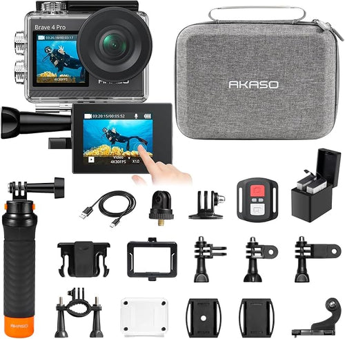 AKASO Brave 4 Pro Action Camera with Floating Hand Grip Carrying Bag Bundle | 131FT Underwater Waterproof Camera 20MP EIS Touch Screen WiFi 5X Zoom with 2x1350mAh Batteries and Helmet Accessories Kit by AKASO