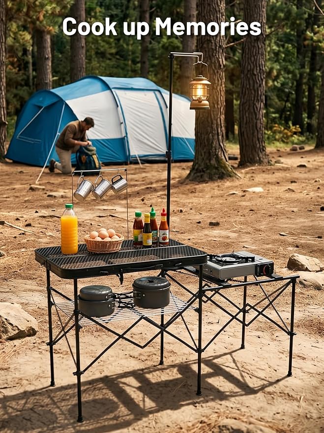 TIMBER RIDGE 56" Portable Camp Kitchen Station Folding Outdoor Grill Table | 110lbs Capacity Heat-Resistant Steel Mesh Top & Storage Shelves, Heavy Duty Picnic RV Tailgating BBQ Easy Setup - Image 9