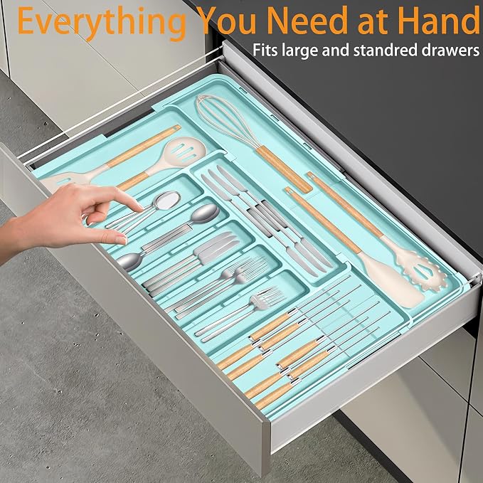Homecor Silverware Organizer - Expandable Large Kitchen Drawer Organizer Utensil Organizer with 2 Knife Block Inserts, 22"x 19"Cutlery Tray with Drawer Dividers for Kitchen Flatware (Turquoise) - Image 9