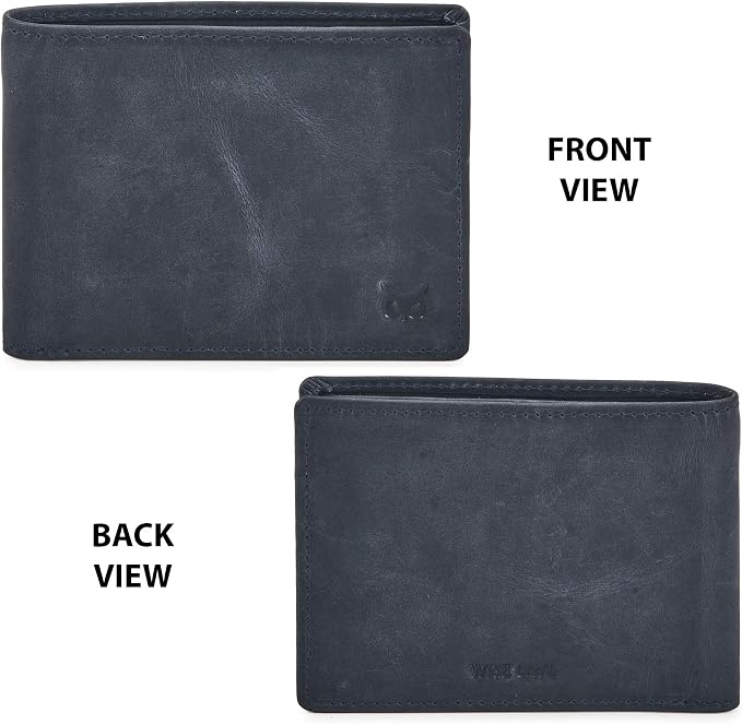 Real Leather Mens Bifold Wallet RFID Blocking Slim Minimalist Front Pocket - Thin & Stylish with ID Window in Gift Box (Crazy Horse, Navy) - Image 4