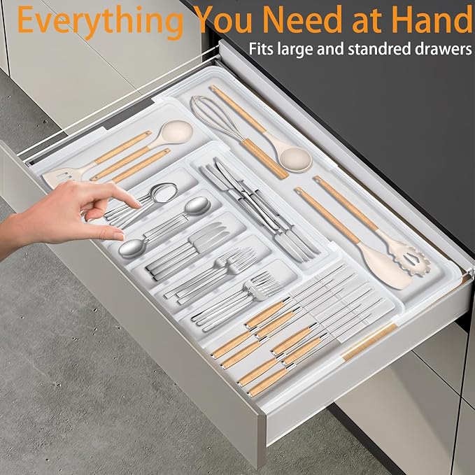 Homecor Silverware Organizer for Kitchen Drawer, Expandable Utensil Drawer Organizer with 2 Knife Block, Flatware and Cutlery Holder, Adjustable Plastic Storage for Spoons Forks Knives - Image 9