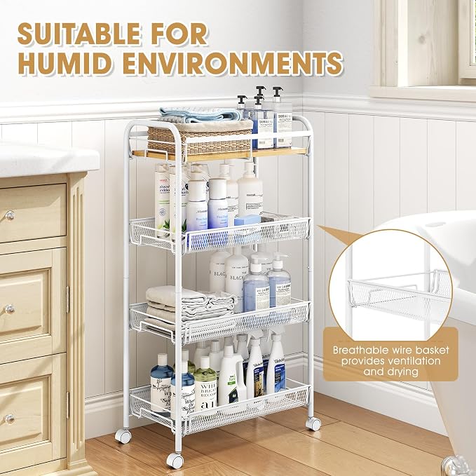TOOLF 4-Tier Rolling Cart, Metal Utility Cart, Slide Out Storage Cart with Wooden Tabletop and Mesh Baskets, Easy Assemble Trolley for Kitchen Bathroom Laundry Room Bedroom Apartments Dormitory - Image 5