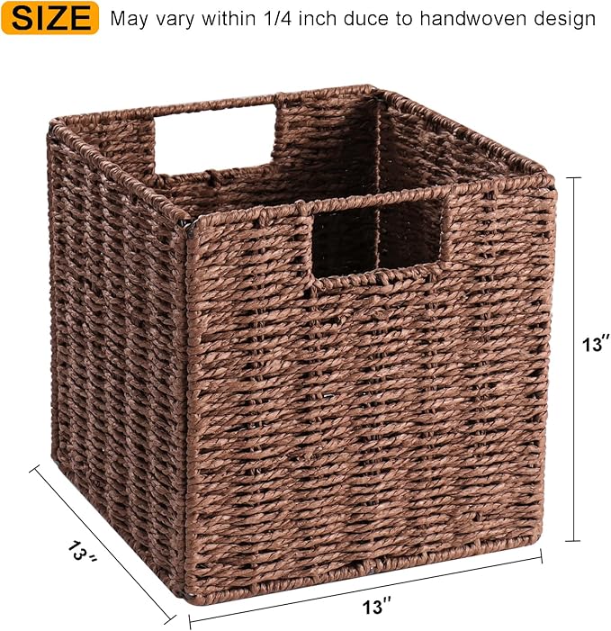 Wicker Storage Basket, Set of 2 Hand-Woven Storage Baskets for Shelves with Handles, Foldable Cube Storage Baskets Bins Organizer, 13 inch Large Wicker Baskets for Pantry Bedroom Decor, Brown - Image 2