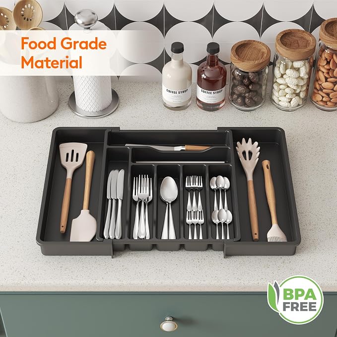 Lifewit Expandable Silverware Drawer Organizer, Kitchen Utensil Tray | BPA-free Plastic Flatware Cutlery Holder, Space-Saving Storage for Spoons Forks Knives, 13-22.4 x 15“, Black - Image 9