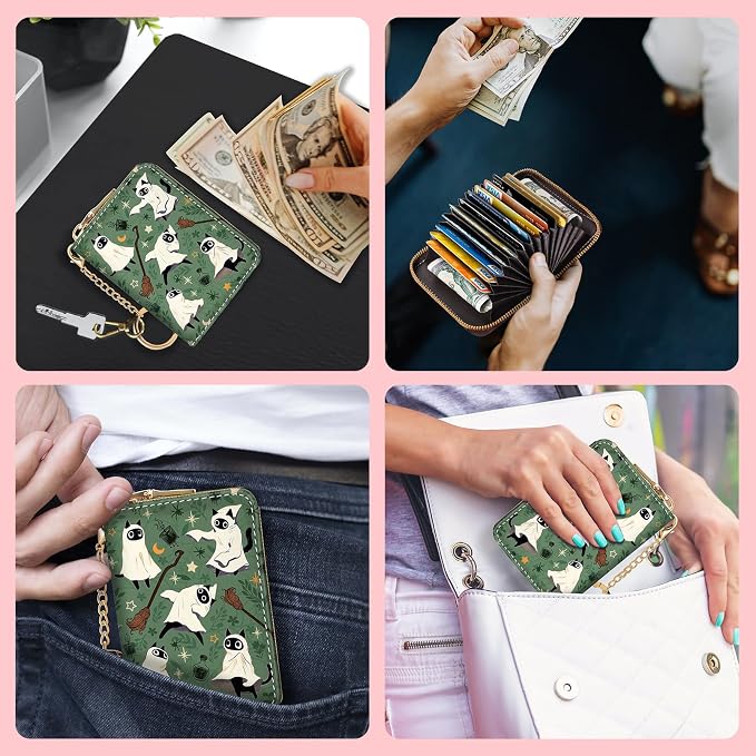 Blusabaca RFID Credit Card Holder Small Women Travel Wallet, Halloween | Removable Keychain, Case with Zipper, Vegan PU Leather, Cash Coin Pocket, Business Accordion Purse, Ladies Female Gift - Image 3
