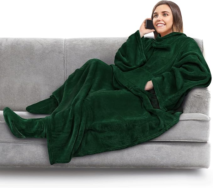 PAVILIA Fleece Blanket with Sleeves, Foot Pockets for Women Men Adults, Plush Wearable Blanket Throw Wrap, Warm Snuggle Blanket Robe, Cozy Gift Ideas Wife Mom, Dark Green by PAVILIA