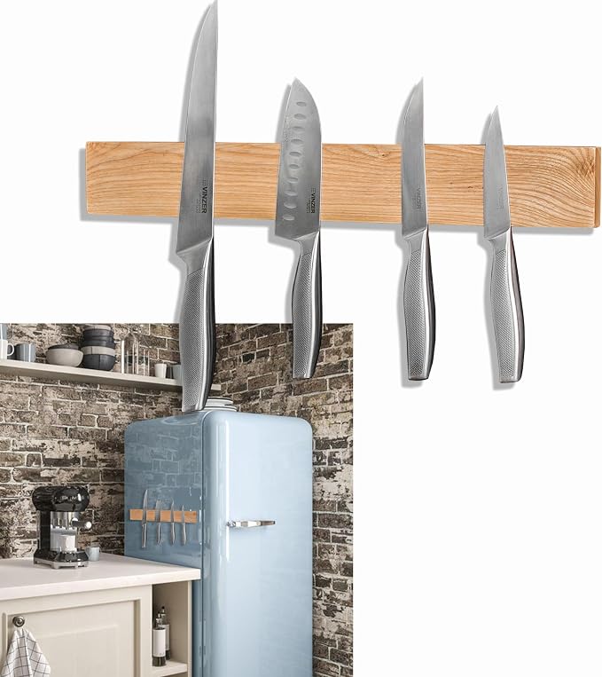 Premium Wood Magnetic Knife Holder for Refrigerator – 15 Inch Professional Double Sided Magnetic Knife Strip for Fridge - Ash Wooden Magnetic Knife Holder for Wall by Hamletoff