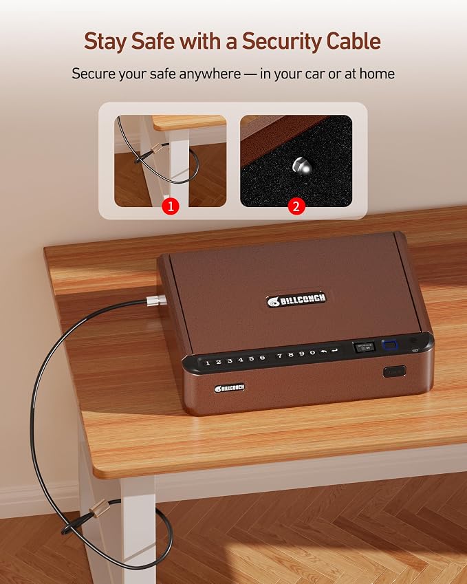 BILLCONCH Smart Gun Safe with Fingerprint, App, Keypad,LCD& Security Cable | Handgun Safe with 4 Quick-Access Methods, Voice Guidance, Built-in LED Light, Ideal for Nightstand, Bedside and Home - Brown - Image 5