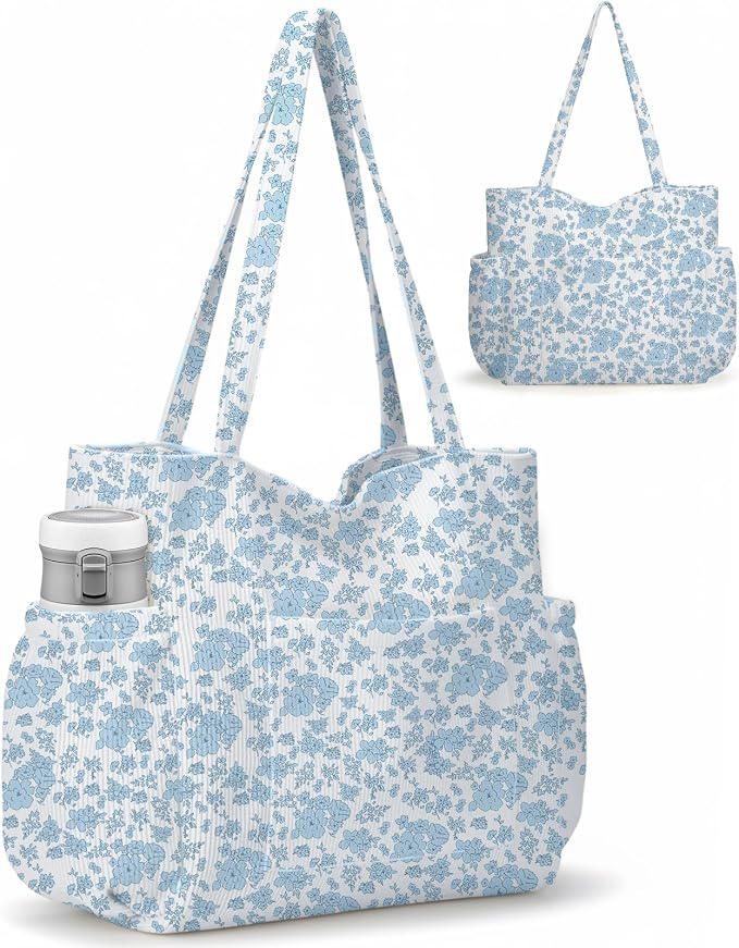 Corduroy Tote Bag for Women,Large Capacity Cute Tote Bags With 6 Pockets,Crossbody Shoulder Handbag for Work Travel Gym by Hatisan