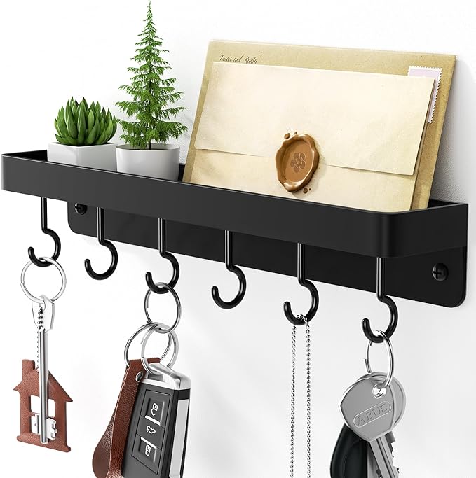 niffgaff Black Key Holder Wall Mount, Stainless Steel Self Adhesive Hooks Rack with Shelf, No Drill Key Hanger for Door and Wall by niffgaff