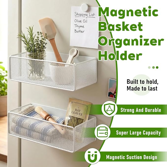 2 Pcs Magnetic Basket For Fridge | Kitchen Magnetic Storage Bin Box Containers Locker Organizer for Pegboard Refrigerator Kitchen Home Whiteboard(White) - Image 4