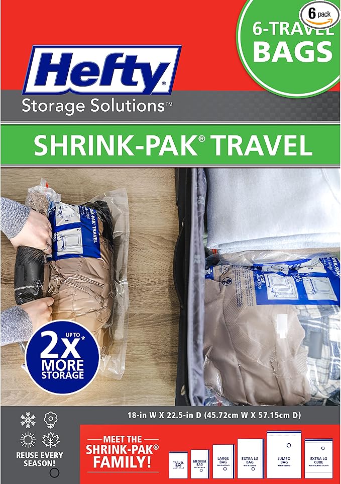 Hefty Shrink-Pak Large Travel Bags - Airtight Storage Bags for Maximum Space Saving, Travel Essentials, Ideal for Packing, Durable, Reliable Compression with Sealed Protection by Hefty