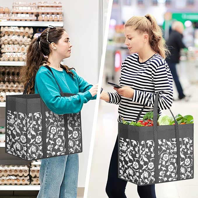 Reusable Grocery Bags Foldable Tote Bags bulk Shopping Bags 6-Pack, Grey | Reinforced Handles Shopping Bags for Groceries Heavy Duty Kitchen Reusable Grocery Bags with Waterproof Coating - Image 2