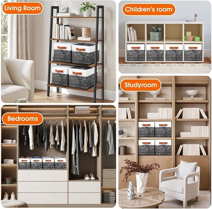 Collapsible Storage Baskets for Shelves,14"x10", 4 Pack Foldable Fabric Storage Bins with Double Leather Handles, Large Baskets for Organizing Books, Clothes, White & Black - Image 5