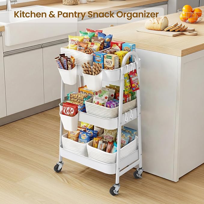 3-Tier Rolling Utility Cart with 4 Woven Baskets, Diaper Book Snack Cart, Storage Organizer for Nursery, Kitchen, Craft Room, Home SPA, Living Room, Metal Frame Trolley on Lockable Wheels, White - Image 7