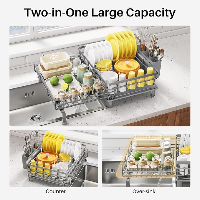 SNTD Expandable Dish Drying Rack for Kitchen Counter, Stainless Steel, Grey | Foldable Over Sink, Large Capacity, Adjust to Fit Most Sinks, Angled Drainboard, Removable Utensil Holder, Slip Resistant - Image 3