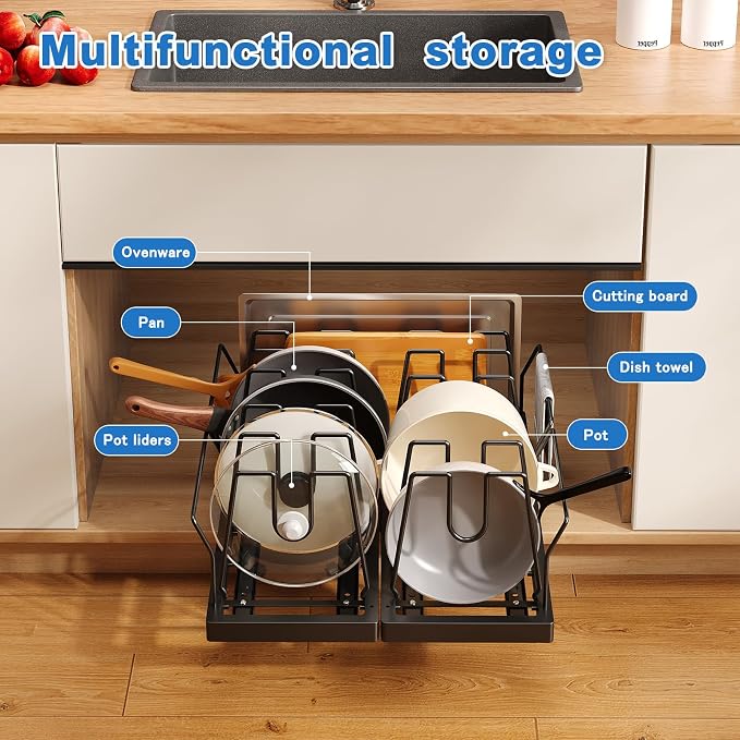 Mustorn Pots and Pans Organizer Under Cabinet, 21.6" Deep Pull Out Pot Lid Organizer Holder with Guardrail Adhesive Pot and Pan Holder Rack with 10 Adjustable Dividers-1 Pack(Black) - Image 2
