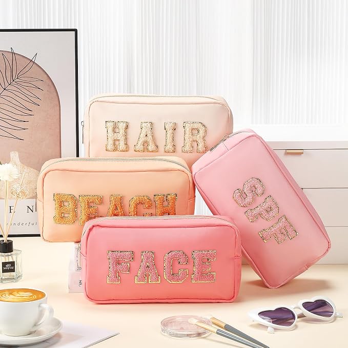 Preppy Makeup Bags Chenille Letter Stuff Bag Nylon Cosmetic Pouch Cases with Zipper for Women Travel Toiletry (Resort Colors,Classic,4 Pcs) - Image 5