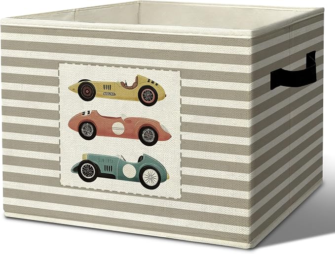 Vintage Race Cars Storage Bins Boxes Handles | grey striped nursery foldable basket for organizing bedroom toddler playroom by Unknown