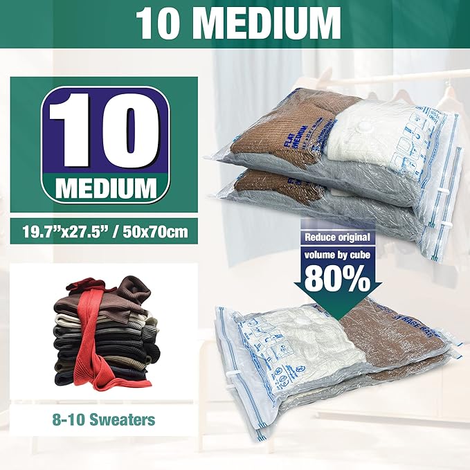 Vacuum Storage Bags, 10 Medium Space Saver Vacuum Seal Bags, Space Bags, Vacuum Sealer Bags for Clothes with Travel Hand Pump (10M) | Home and Travel, Airtight Triple Seal, Save 80% Space, Hand Pump, Work with Vacuum, Double Zip, Reusable, Easy to Use - Image 2