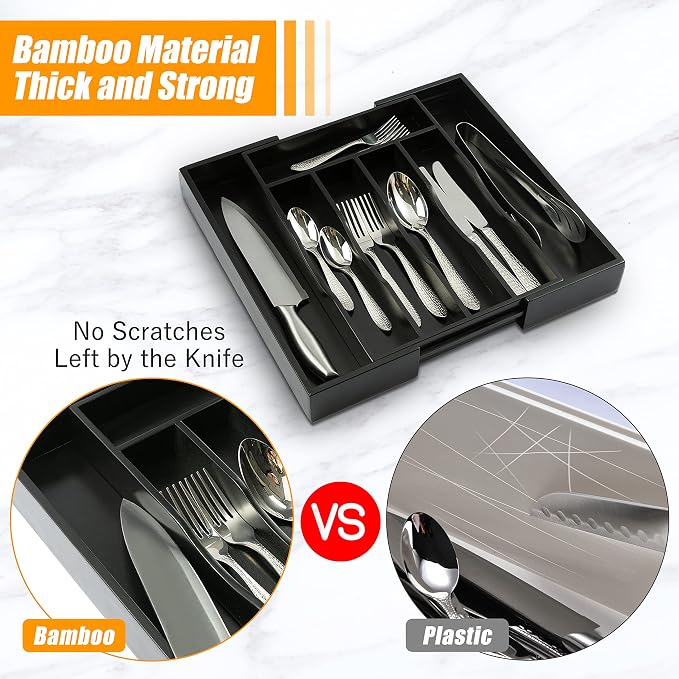 Bellsal Black Silverware Organizer Kitchen Drawer Organizer Expandable Bamboo Utensil Holder Cutlery Tray for Kitchen Utensil and Flatware Bedroom Office - Image 4