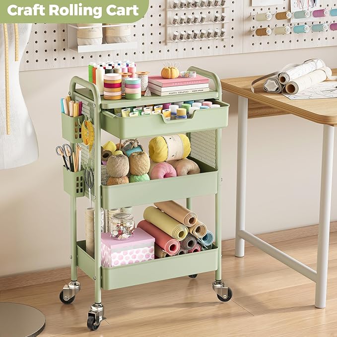 KINGBOARD 3 Tier Metal Rolling Cart with Drawer, Green Utility Storage Cart | 2 Cups & 4 Hooks, Lockable Wheels, Trolley Organizer for Bathroom, Kitchen, Office, Nursery, Dorm, Laundry, Craft Room - Image 7