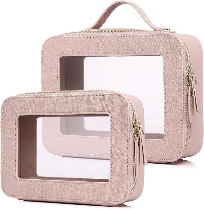 Pinkmik Clear Makeup Bag, (Pink, M+L) | 2PC,Waterproof, Travel Cosmetics and Toiletries Case, Portable Makeup Organizer, Clear Car Bag with Zipper by Pinkmik
