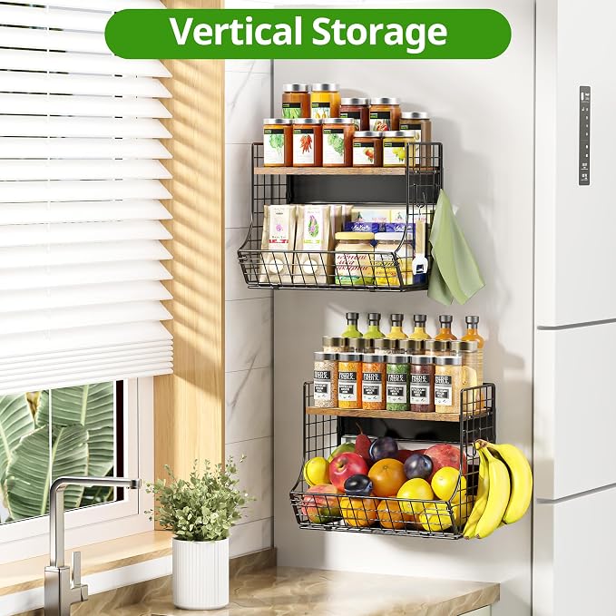 2 Pack Magnetic Shelf for Fridge with Wood Lid, Fruit Potato and Onion Storage Bins, Pantry Organizers and Storage, Strong Magnetic Spice Rack for Refrigerator, Kitchen Counter and Laundry Room - Image 4