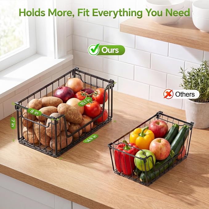 4 Pack Foldable Wire Basket for Pantry Organizers and Storage | Stackable Vegetable Fruit Basket for Kitchen Counter, Black Potato and Onion Storage Bins - Image 2