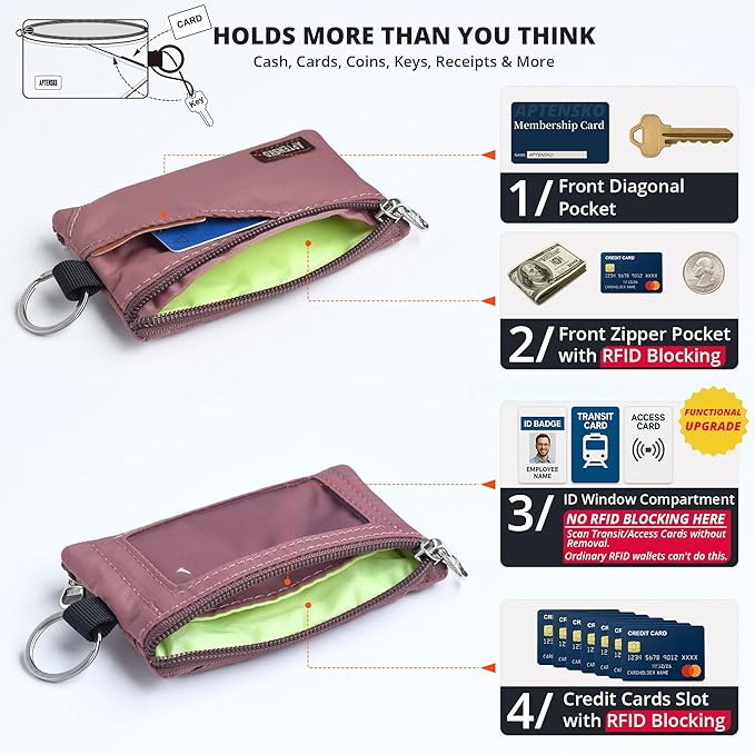 RFID Blocking Travel Wallet with Adjustable Lanyard, Small Nylon Zipper Pouch and Badge Holder for ID, Credit Cards, Cash, Keys, Commuters (Warm Mauve) - Image 5