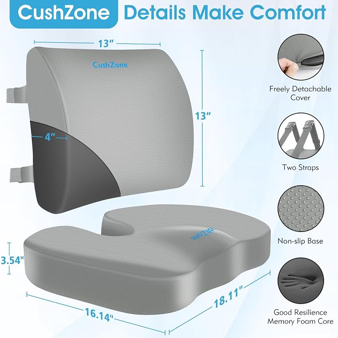 CushZone X-Large Seat Cushion and Lumbar Pillow for Office Chair Light Grey | Thick Memory Foam for Sciatica Pain Relief & Posture Correction, Non-Slip Chair Cushions for Car, Wheelchair and Travel - Image 4