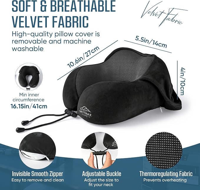 SkytraxComf® Travel Neck Pillow with Hood for Privacy on Long Flights | Memory Foam | Airplane Sleep | Safety-Tested Materials | Extra Large Hood | Chin Support | Earplugs | Washable Cover - Image 6