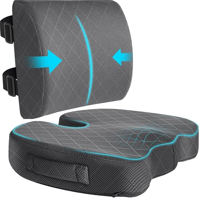 Back&Seat Cushion, Chair Cushions, Lumbar Back Support Pillow, Grey/Large | Breathable Memory Foam Back Support Pillow, Portable Airplane Seat Cushion for Travel, Computer Desk, Wheelchair, Driving by TushGuardSeatCushonsPillows