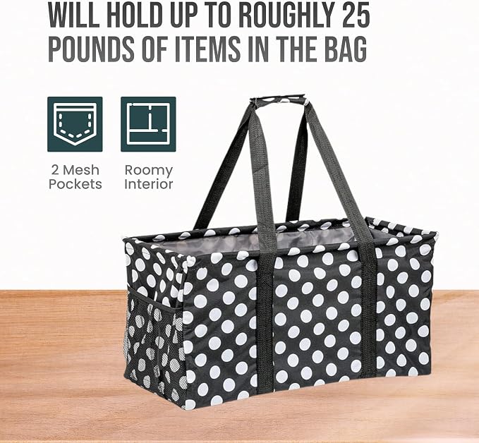 Extra Large Utility Tote Bag - Oversized Collapsible Reusable Wire Frame Rectangular Canvas Basket With Two Exterior Pockets For Beach, Pool, Laundry, Car Trunk, Storage - White Polka Dot - Image 5