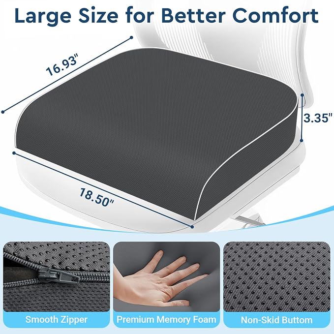 Seat Cushion, Memory Foam Office Chair Cushion, Gray, X-Large | Office Desk Accessories, Butt Pillow for Long Sitting Sciatica, Coccyx, Tailbone, Hip Pain Relief - for Home, Car, Airplane - Image 2