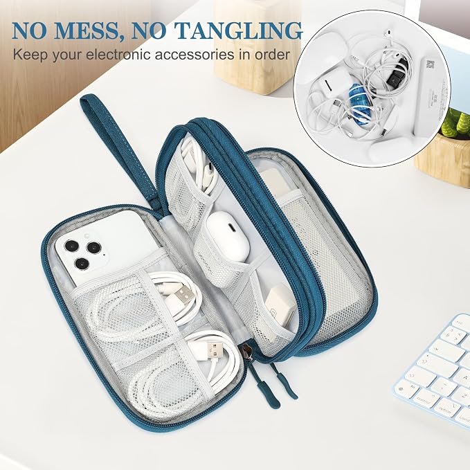 FYY Electronic Organizer, Travel Tech Pouch Bag, Cable Organizer Dark Green | Wrist Strap, Waterproof, Double Layers Portable Electronics Travel Carrying Case for Cord, Charger, Daily Business Trips Use - Image 5