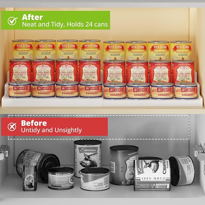 3-Tier Expandable Bamboo Can Organizer for Pantry, Holds 24 Cans, White | Adjustable Can Storage Rack for Kitchen Cabinets, Soda & Canned Goods Holder for Pantry Organization, White (Patent Pending) - Image 8
