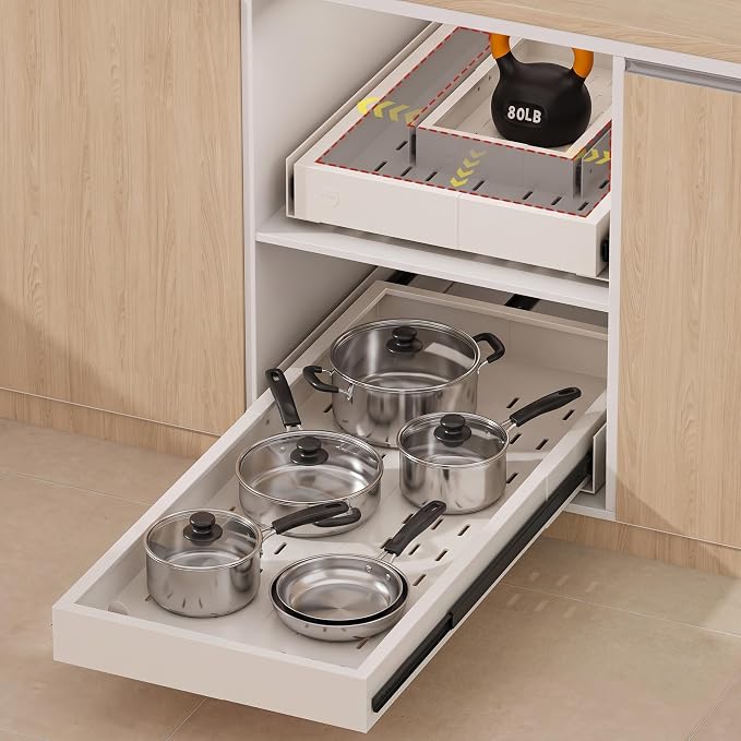 Fokyfok Pull out Cabinet Organizer,Expandable No Drill,Heavy Duty,Kitchen | 11"-16"W x 25"-32"D,3 Rails,Pull out Drawer,Cabinet Drawer Slide out,Roll out Shelves,Pantry,Bathroom,Adhesive,Adjustable,1PC by Fokyfok